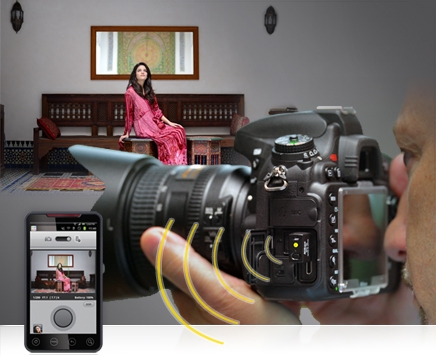 photo of a photographer looking into the viewfinder of the D600 while a model sits in a scene, along with the shot of the model on a smartphone