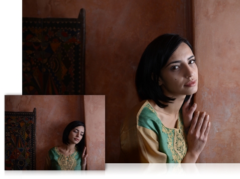 two photos of a woman against a rust covered wall, one looking at the camera, one with her eyes closed