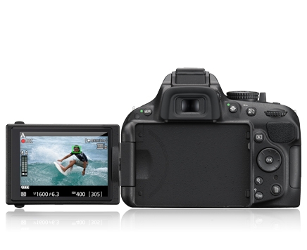 Shoot High quality Full HD video with the D5200 picture of the D5200 with a surfer photographed and shown on the LCD