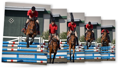 Ultra fast shooting with the D5200's AF sequence of photos of a rider on a horse jumping over a fence on a show course