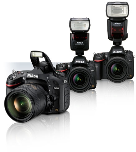 Product photos of the Nikon D610 with lenses attached and Speedlights